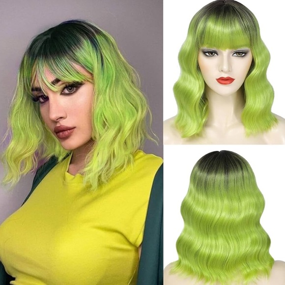 GREEN OMBRE WAVY WIG ISABELLA Green and Black Wavy Ombre Wig with Bangs - Picture 1 of 7